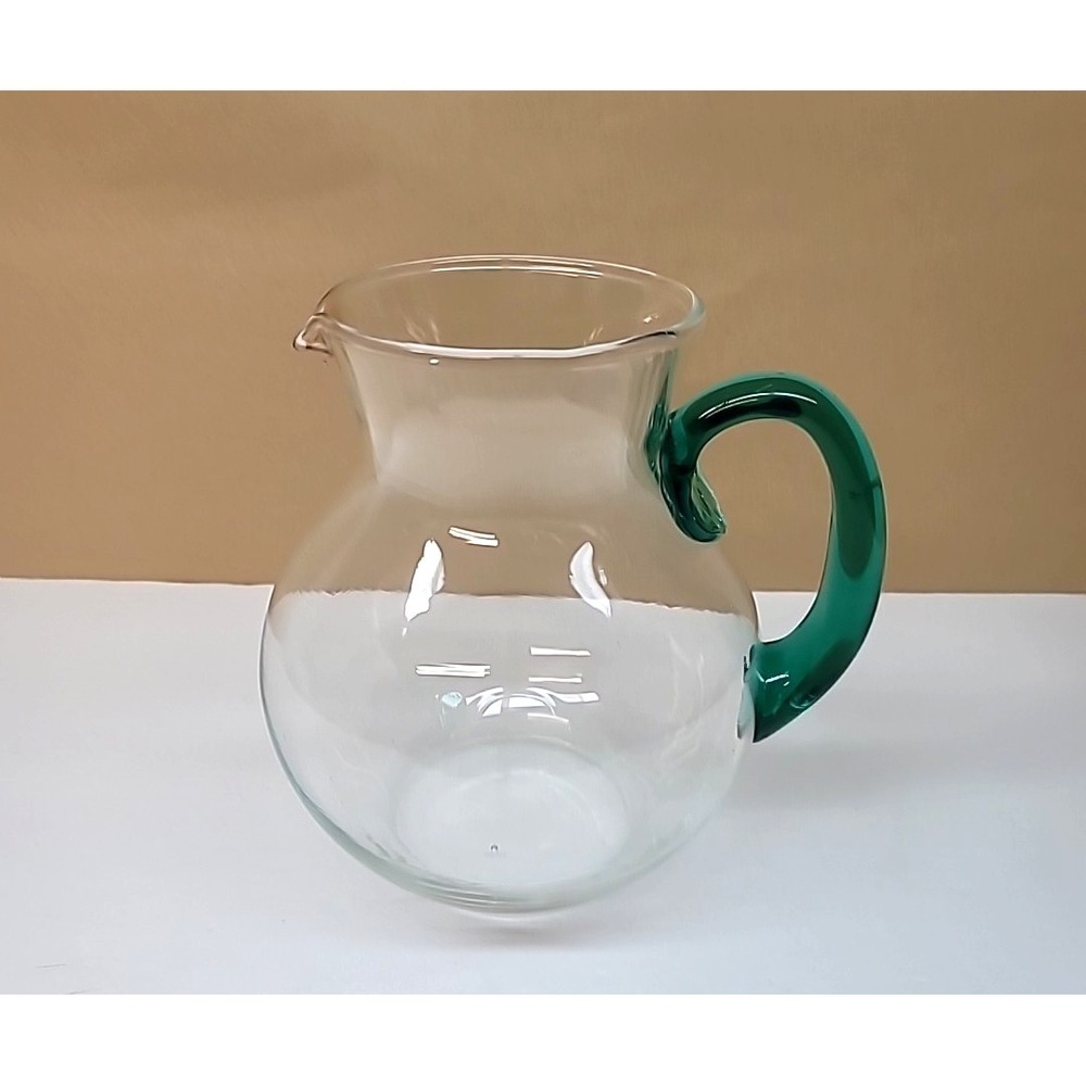 Small Hand Blown Clear Glass Pitcher with Applied Green Glass Handle 7"H